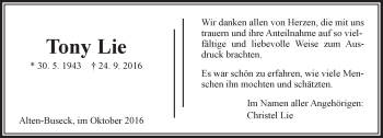 Traueranzeige von Tony Lie von  Gießener Anzeiger