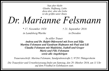 Traueranzeige von Marianne Felsmann von  Gelnhäuser Tageblatt