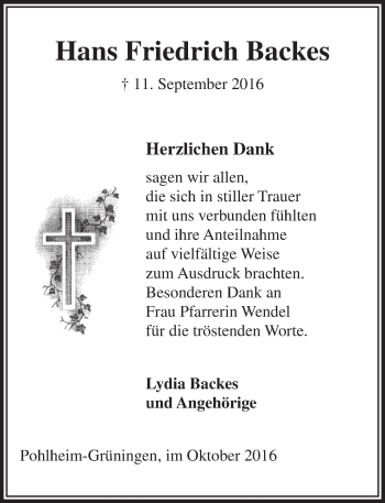 Traueranzeige von Hans Friedrich Backes von  Gießener Anzeiger