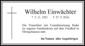 Traueranzeige von Wilhelm Einwächter von VRM Trauer
