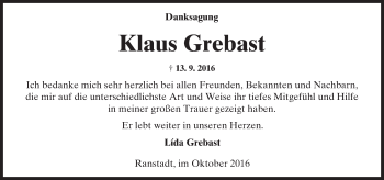 Traueranzeige von Klaus Grebast von  Kreisanzeiger