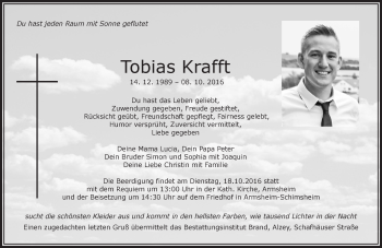 Traueranzeige von Tobias Krafft von Trauerportal Rhein Main Presse