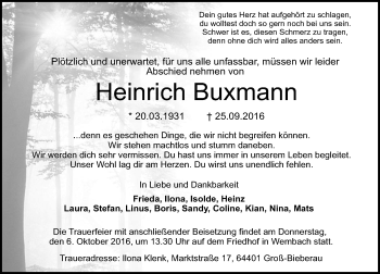 Traueranzeige von Heinrich Buxmann von Trauerportal Echo Online