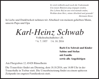 Traueranzeige von Karl-Heinz Schwab von Trauerportal Echo Online