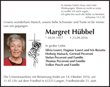 Traueranzeige von Margret Hübbel von Trauerportal Rhein Main Presse