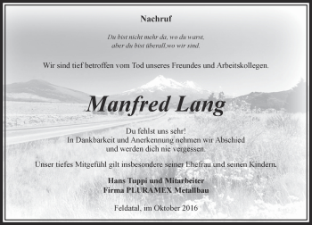 Traueranzeige von Manfred Lang von VRM Trauer