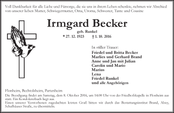 Traueranzeige von Irmgard Becker von Trauerportal Rhein Main Presse