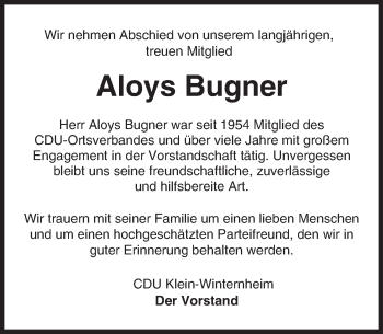 Traueranzeige von Aloys Bugner von Trauerportal Rhein Main Presse