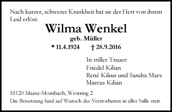 Traueranzeige von Wilma Wenkel von Trauerportal Rhein Main Presse