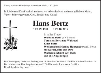 Traueranzeige von Hans Bertz von Trauerportal Rhein Main Presse