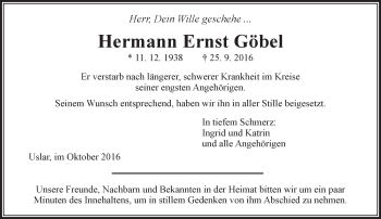Traueranzeige von Hermann Ernst Göbel von  Gießener Anzeiger