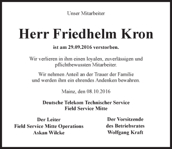 Traueranzeige von Friedhelm Kron von Trauerportal Rhein Main Presse
