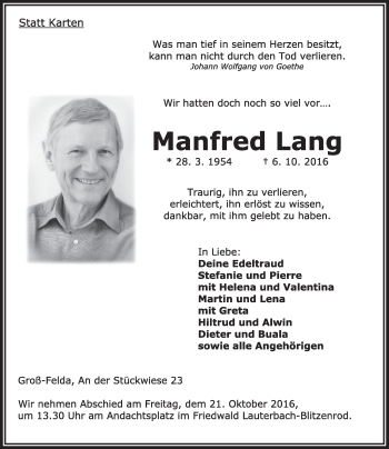 Traueranzeige von Manfred Lang von VRM Trauer