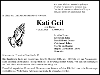 Traueranzeige von Kati Geil von Trauerportal Rhein Main Presse