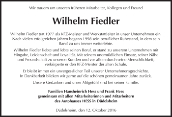 Traueranzeige von Wilhelm Fiedler von  Kreisanzeiger