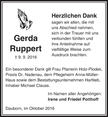 Traueranzeige von Gerda Ruppert von  Camberger Anzeiger