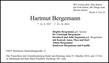 Traueranzeige von Hartmut Bergemann von Trauerportal Echo Online