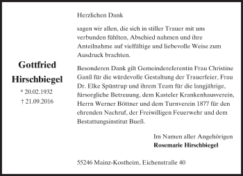 Traueranzeige von Gottfried Hirschbiegel von Trauerportal Rhein Main Presse