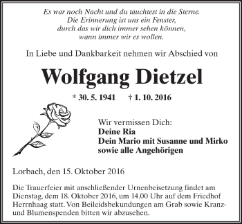 Traueranzeige von Wolfgang Dietzel von  Kreisanzeiger