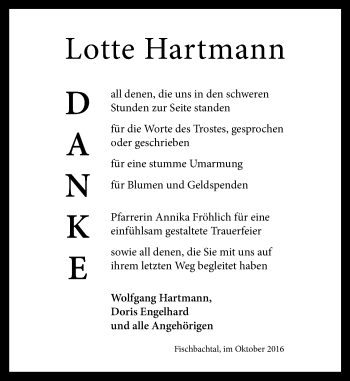 Traueranzeige von Lotte Hartmann von Trauerportal Echo Online