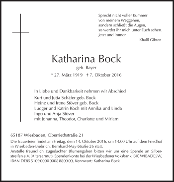 Traueranzeige von Katharina Bock von Trauerportal Rhein Main Presse