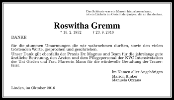 Traueranzeige von Roswitha Gremm von  Gießener Anzeiger