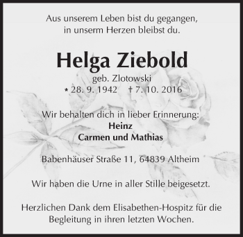 Traueranzeige von Helga Ziebold von Trauerportal Echo Online