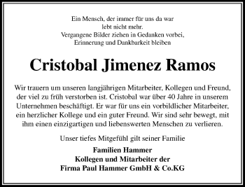 Traueranzeige von Cristobal Jimenez Ramos von  Usinger Anzeiger