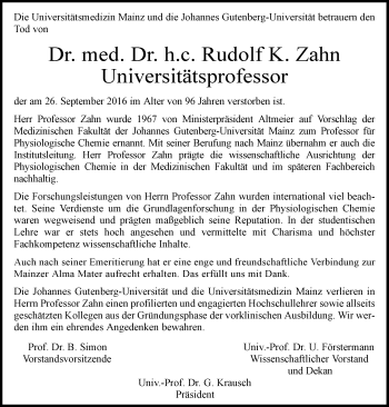 Traueranzeige von Rudolf K. Zahn von Trauerportal Rhein Main Presse