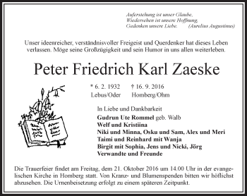 Traueranzeige von Peter Friedrich Karl Zaeske von VRM Trauer