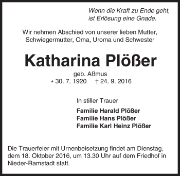 Traueranzeige von Katharina Plößer von Trauerportal Echo Online