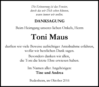 Traueranzeige von Toni Maus von Trauerportal Rhein Main Presse