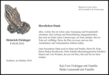 Traueranzeige von Heinrich Fickinger von Trauerportal Rhein Main Presse