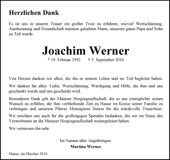 Traueranzeige von Joachim Werner von Trauerportal Rhein Main Presse