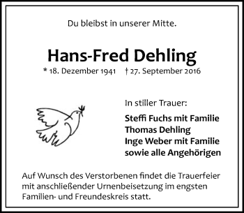 Traueranzeige von Hans-Fred Dehling von  Camberger Anzeiger