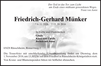 Traueranzeige von Friedrich-Gerhard Münker von Trauerportal Rhein Main Presse