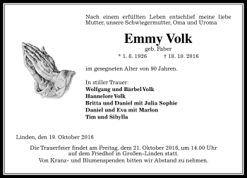 Traueranzeige von Emmy Volk von  Gießener Anzeiger