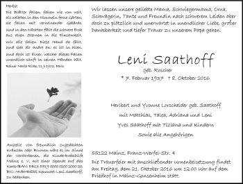 Traueranzeige von Leni Saathoff von Trauerportal Rhein Main Presse
