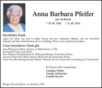 Traueranzeige von Anna Barbara Pfeifer von Trauerportal Rhein Main Presse