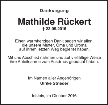 Traueranzeige von Mathilde Rückert von Trauerportal Rhein Main Presse
