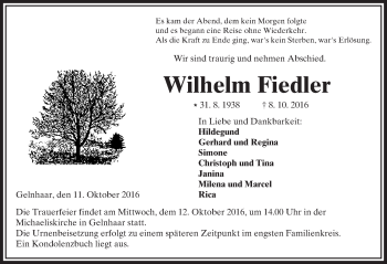 Traueranzeige von Wilhelm Fiedler von  Kreisanzeiger