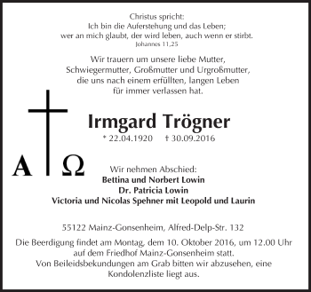 Traueranzeige von Irmgard Trögner von Trauerportal Rhein Main Presse
