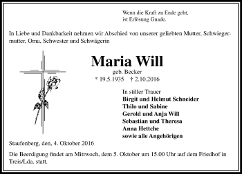Traueranzeige von Maria Will von  Gießener Anzeiger