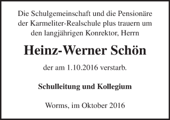 Traueranzeige von Heinz-Werner Schön von Trauerportal Rhein Main Presse