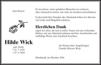 Traueranzeige von Hilde Wick von  Usinger Anzeiger