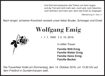 Traueranzeige von Wolfgang Emig von Trauerportal Echo Online