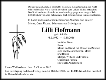 Traueranzeige von Lilli Hofmann von  Kreisanzeiger