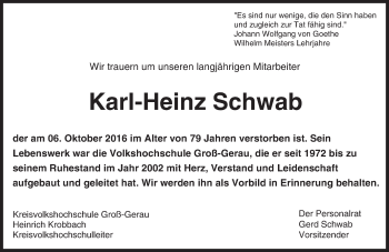 Traueranzeige von Karl-Heinz Schwab von Trauerportal Echo Online
