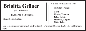Traueranzeige von Brigitta Grüner von Trauerportal Echo Online