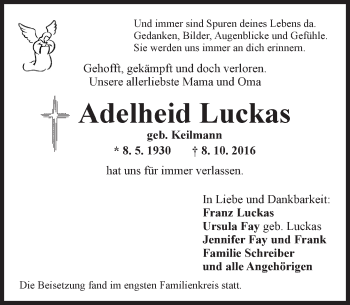 Traueranzeige von Adelheid Luckas von Trauerportal Rhein Main Presse